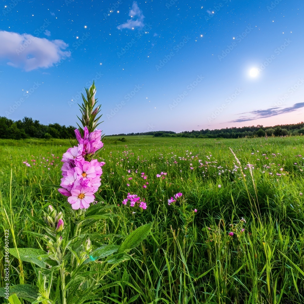 Obraz premium Serene Night Field with Pink Flowers and Starry Sky