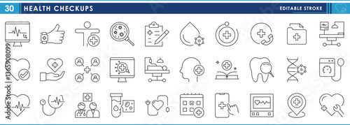 A set of line icons related to Health Checkups. Health, checkup, hospital, medical symbols, tools, equipment, lab, and so on. Vector editable stroke.