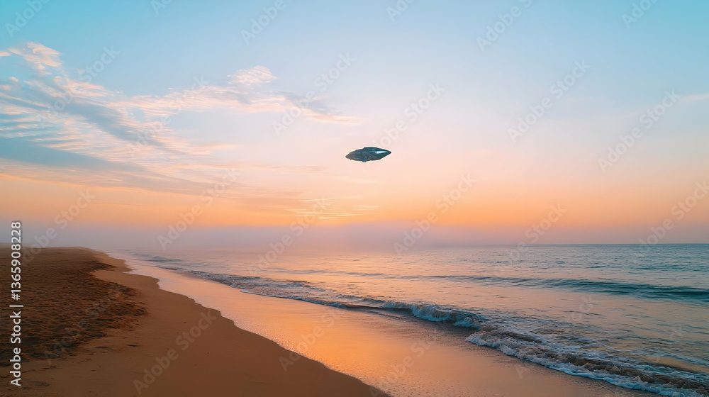 Obraz premium Coastal Beach Scene At Sunset With An Aerial Object Above Ocean And Misty Horizon With Golden And Blue Hues