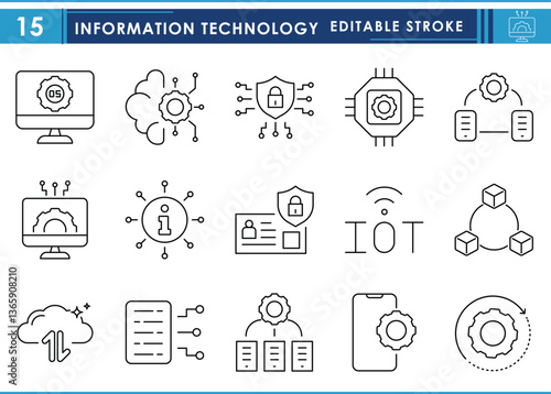 A set of line icons related to Information Technology. IT, operating system, data protection, internet of things, connection, and so on. Vector editable stroke.