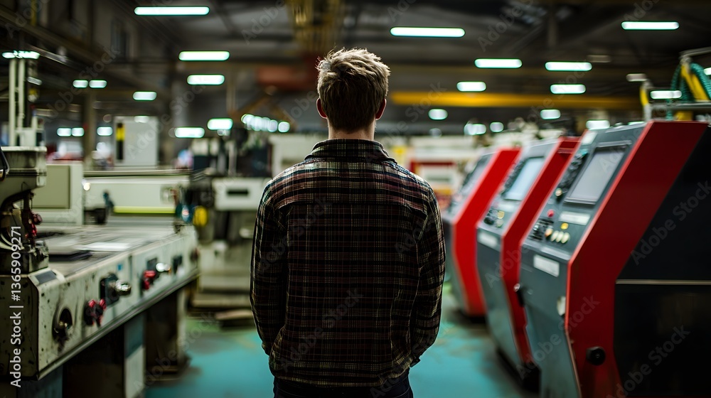 Ambition in the Industrial Arena: A focused figure stands within a bustling manufacturing facility, gazing upon complex machinery and production processes Ambition in the Industrial Arena: A focused figure stands within a bustling manufacturing facility, gazing upon complex machinery and production processes