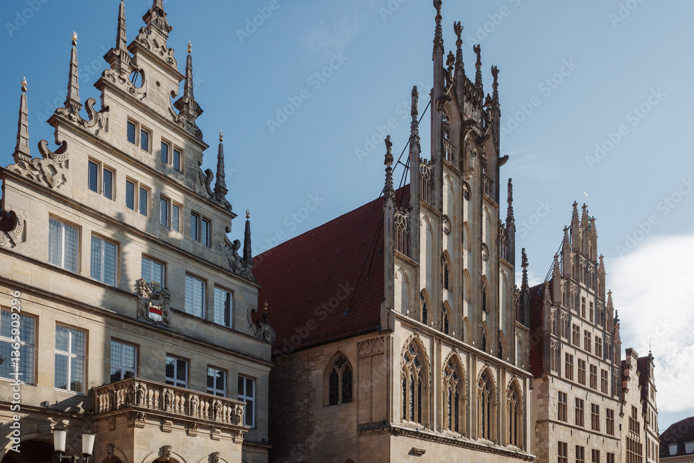 Fototapeta premium A row of striking historical buildings featuring elaborate Gothic and Renaissance architectural styles. 