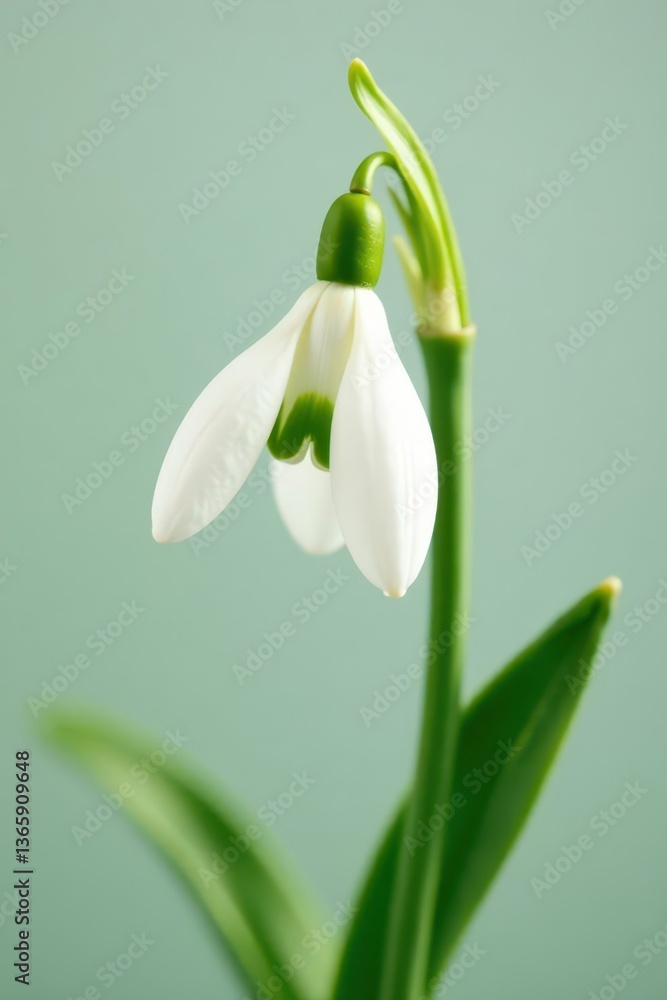 Fototapeta premium Delicate single snowdrop, pure white petals, green stem , snowdrop, floral