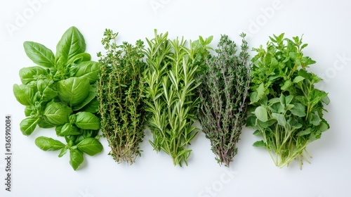 A collection of fresh herbs such as thyme and rosemary, placed on a white surface
