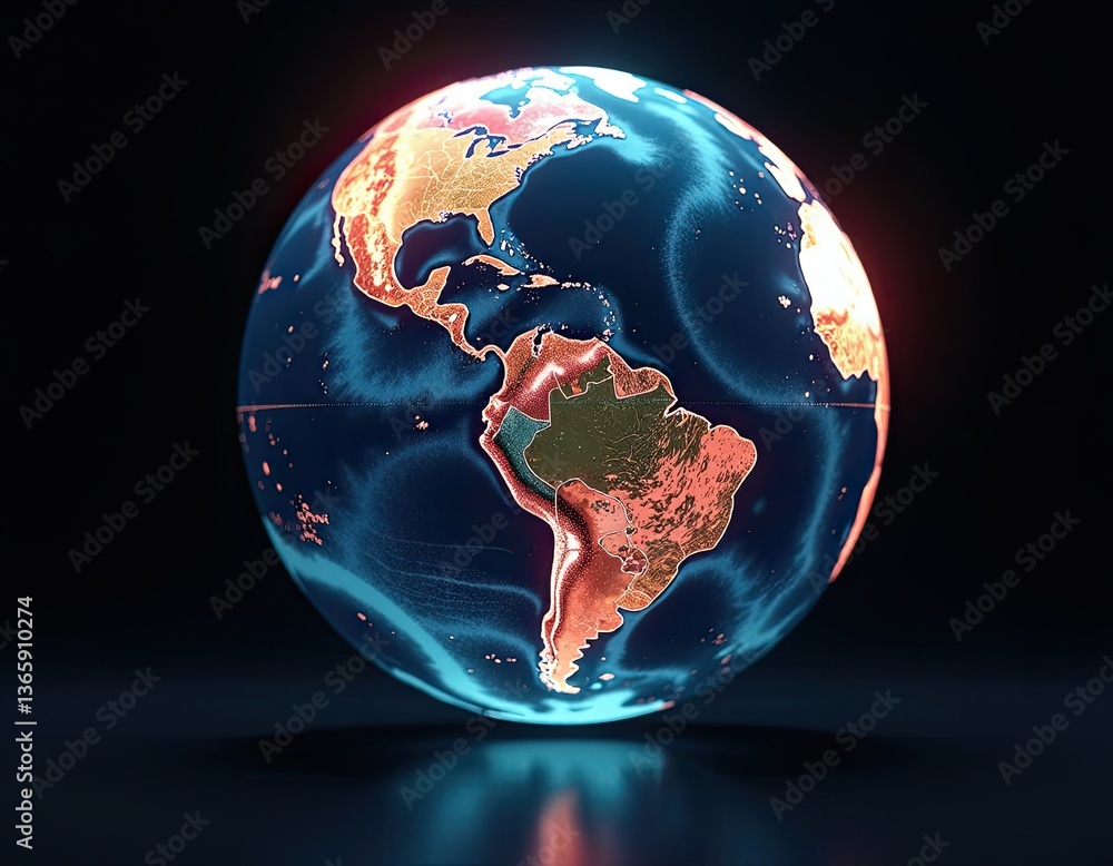 Glowing Earth Globe, North and South America, Digital Planet, World Map