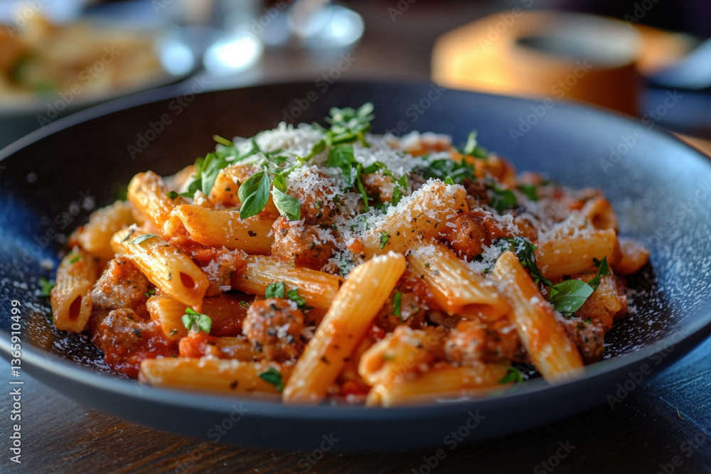 Bowl of pasta with meat and parmesan cheese, garnished with parsley on a wooden table. Bowl of pasta with meat and parmesan cheese, garnished with parsley on a wooden table.