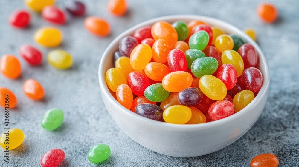 A bowl of colorful jelly beans, placed on a white surface A bowl of colorful jelly beans, placed on a white surface