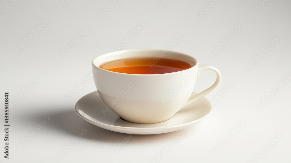 A white ceramic teacup with tea inside, placed on a clean white background A white ceramic teacup with tea inside, placed on a clean white background