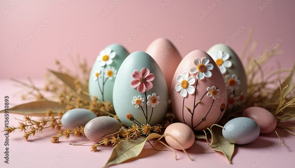 Fototapeta premium Elegant pastel Easter eggs with floral patterns, perfect for spring decoration