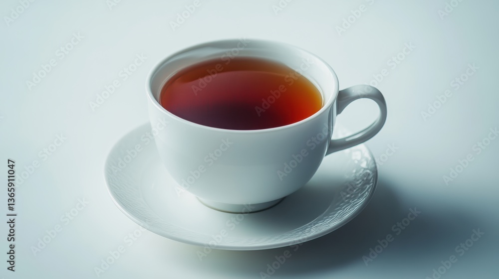 A white ceramic teacup with tea inside, placed on a clean white background A white ceramic teacup with tea inside, placed on a clean white background