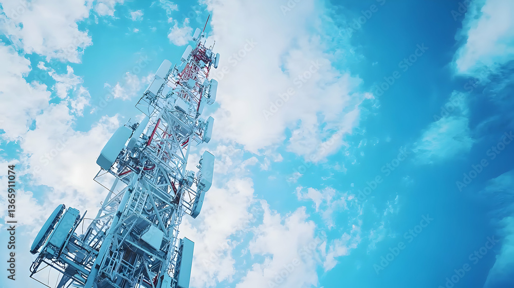 Low Angle View Of Tall Communication Tower Against Blue Sky With White Clouds Showing Technology Infrastructure Low Angle View Of Tall Communication Tower Against Blue Sky With White Clouds Showing Technology Infrastructure