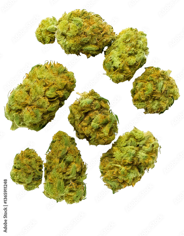 Fototapeta premium Several isolated cannabis buds on transparent background, centered on a white background, captured from a top-down view, 