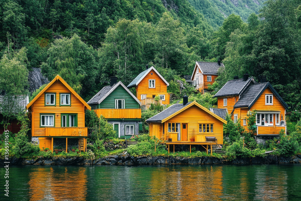 Row of yellow houses on water, reflecting in calm lake, surrounded by lush green trees under clear blue sky, creating serene and picturesque waterfront scene. Row of yellow houses on water, reflecting in calm lake, surrounded by lush green trees under clear blue sky, creating serene and picturesque waterfront scene.