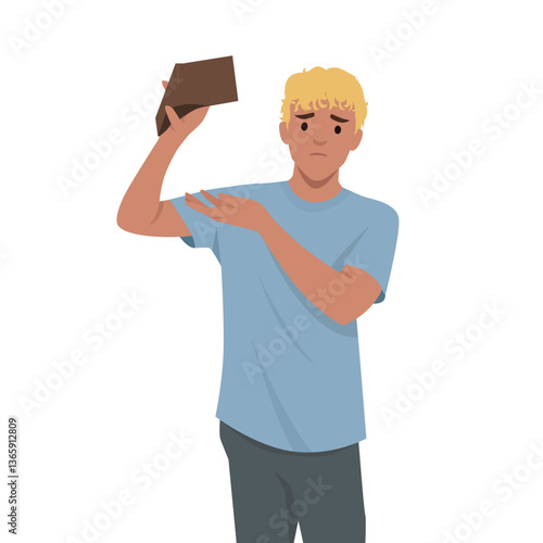 Man in casual clothes looks concerned as he holds up and checks his empty wallet. Flat vector illustration isolated on white background