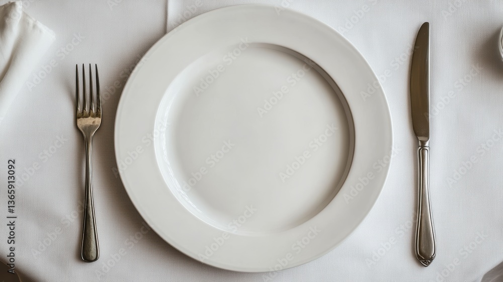 A set of clean white porcelain plates with a knife and fork, arranged on a white tablecloth A set of clean white porcelain plates with a knife and fork, arranged on a white tablecloth