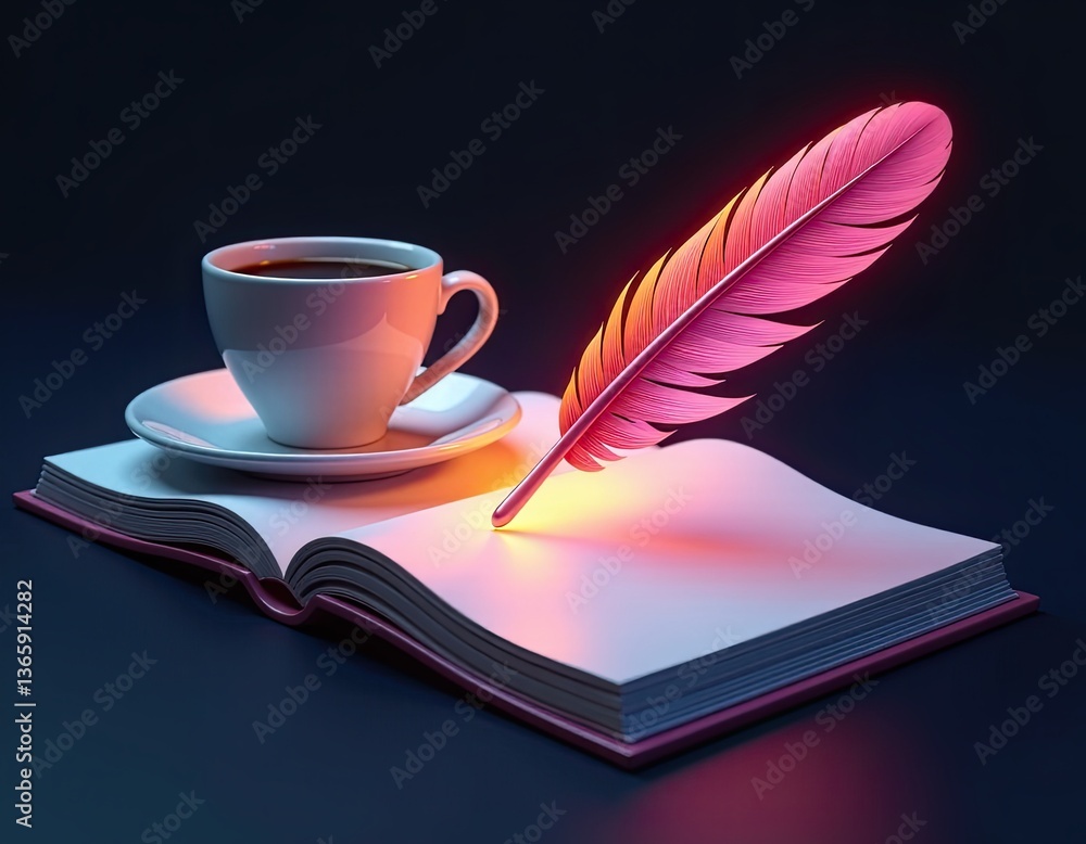 Pink Quill Pen on Open Book with Coffee Cup - Creative Writing Concept