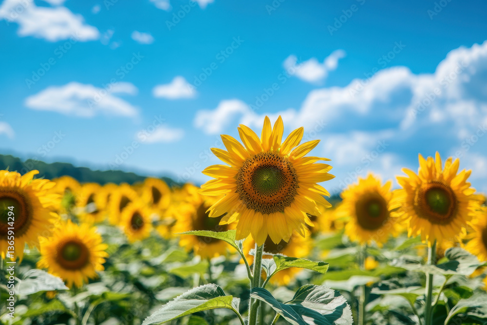 Sunflowers in a field under a clear blue sky.