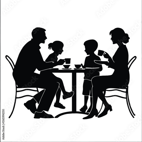 Black silhouettes of people sitting at restaurant tables eating and drinking vector illustration 