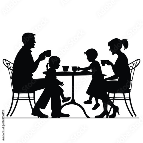 Black silhouettes of people sitting at restaurant tables eating and drinking vector illustration 