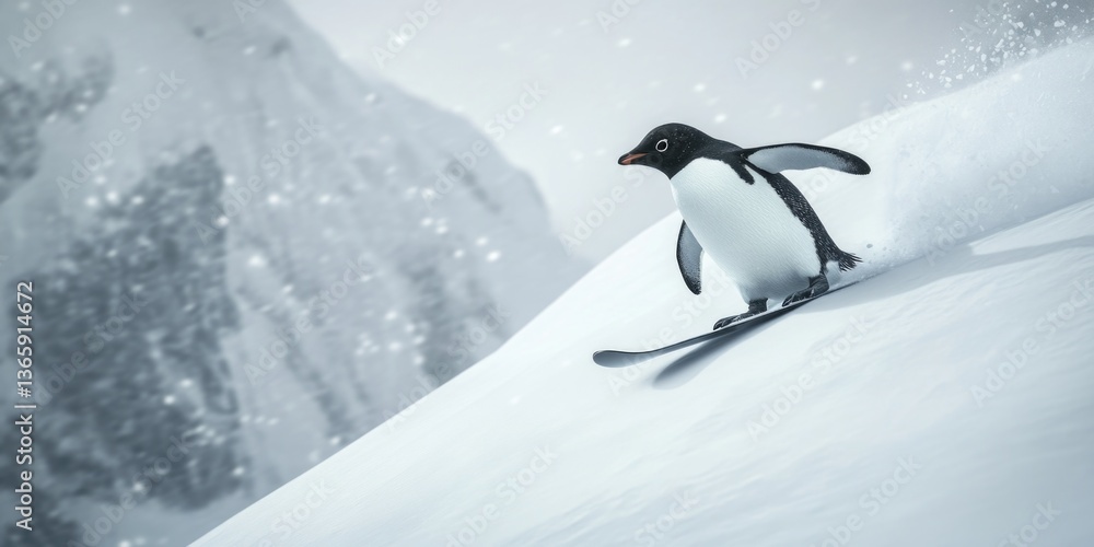 Fototapeta premium Adventurous Penguin Skiing in the Snow
