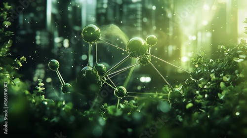 A green and blurry image of a bunch of green spheres and strings. The image has a scientific and abstract feel to it