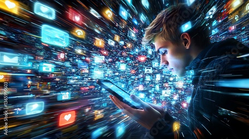 Digital Overload.  A person engrossed in a tablet, surrounded by a blur of social media icons, suggesting fast-paced digital communication and information overload
