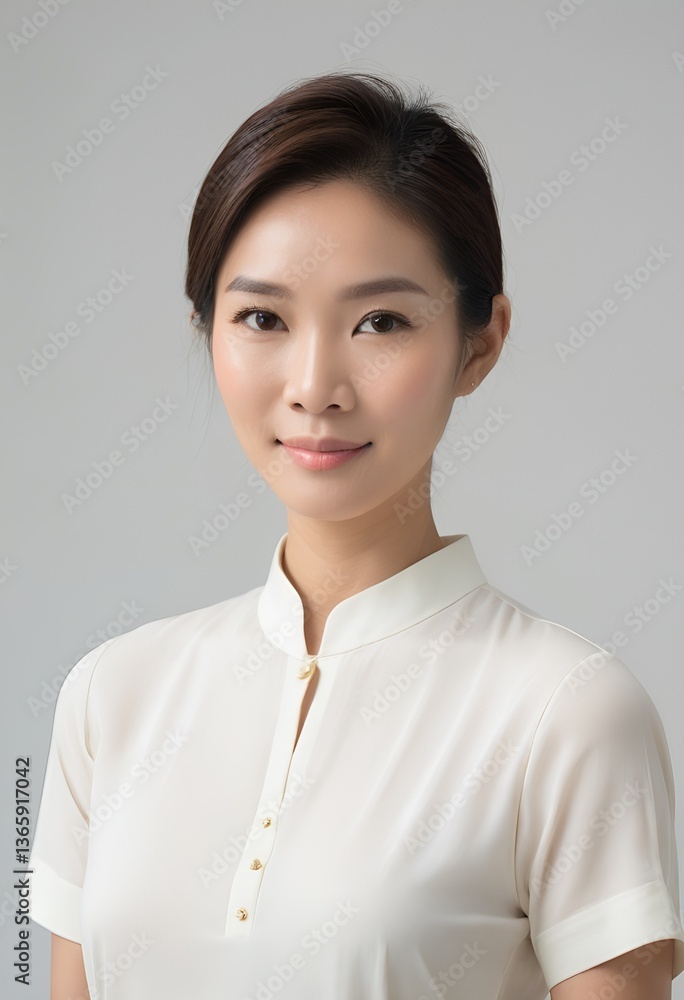 Sleek Portrait of a Singaporean Woman in Modern Apparel, Engaging Eye Contact, Subtle Expression, Softly Illuminated with Balanced Lighting, Crisp Details Against a Pure White Backdrop