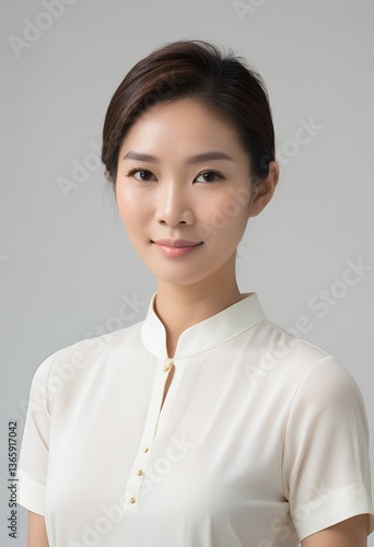 Obraz na płótnie Sleek Portrait of a Singaporean Woman in Modern Apparel, Engaging Eye Contact, Subtle Expression, Softly Illuminated with Balanced Lighting, Crisp Details Against a Pure White Backdrop w salonie