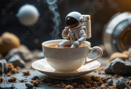  tiny astronaut enjoys a tea break inside a cup, blending space exploration with a cozy, surreal twist.