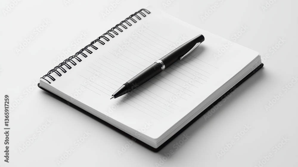 A sleek black pen and notebook, placed on a clean white surface A sleek black pen and notebook, placed on a clean white surface