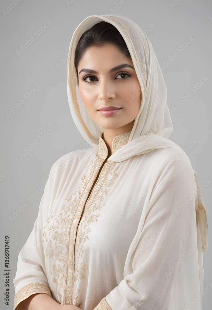 Contemporary Pakistani Fashion Portrait with Direct Gaze and Soft Lighting on a White Canvas