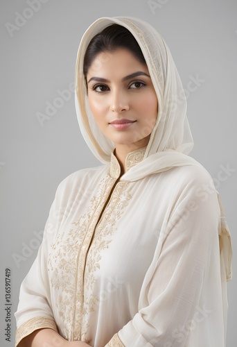 Obraz na płótnie Contemporary Pakistani Fashion Portrait with Direct Gaze and Soft Lighting on a White Canvas w salonie