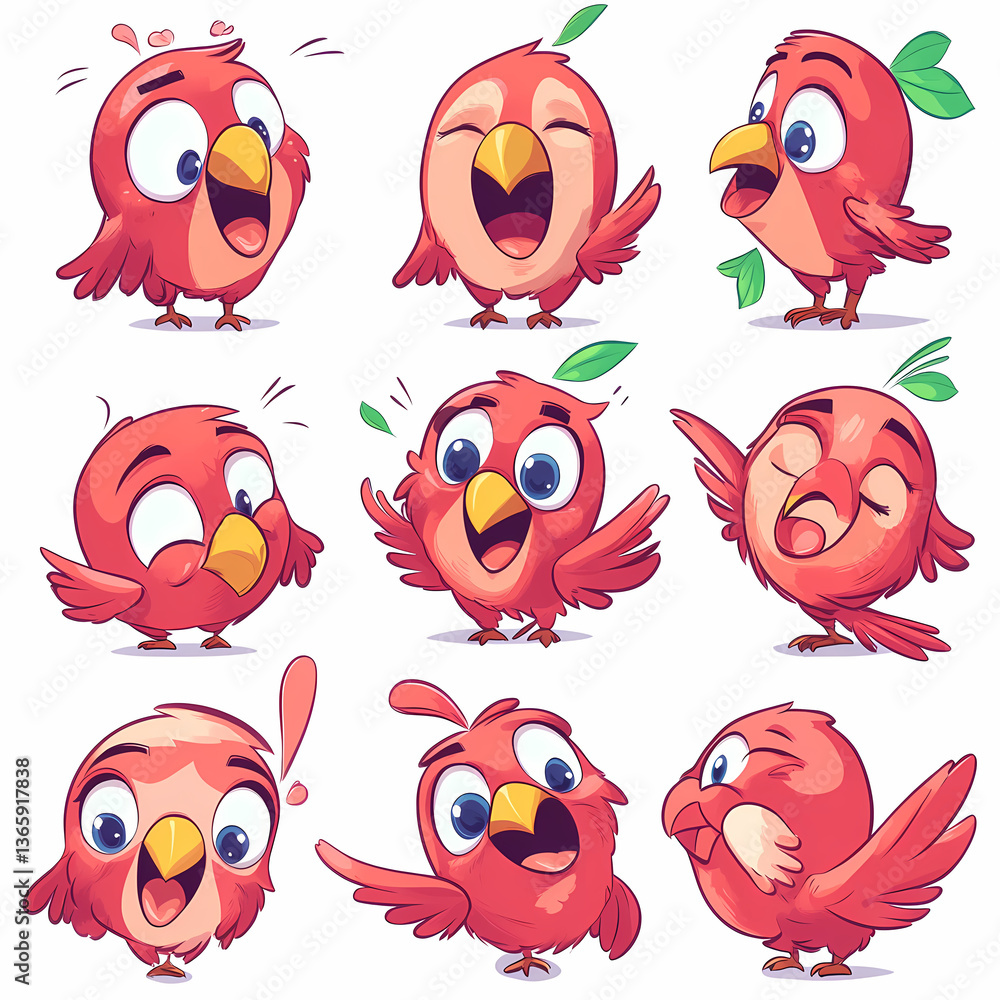 Fototapeta premium Adorable Cartoon Bird Collection Expressing Diverse Emotions and Playful Actions