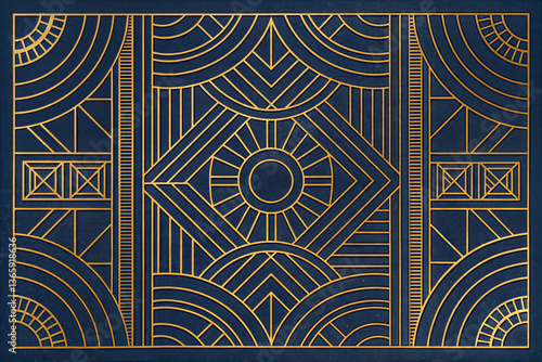 Elegant Art Deco Geometric Pattern in Gold on Dark Blue Background