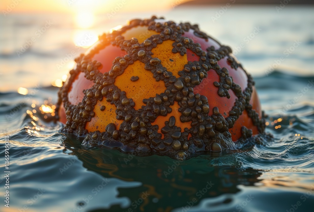 Textured Ocean Sphere. Vibrant orange and red spherical object covered in clustered organic growths, partially submerged in rippling ocean water at sunset.