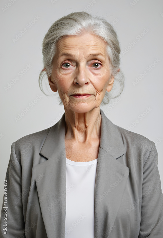 Simple Portrait of an Elderly German Woman in Modern Attire, Engaging Eye Contact, Neutral Facial Expression, Soft Lighting, High Detail, Clean White Background Simple Portrait of an Elderly German Woman in Modern Attire, Engaging Eye Contact, Neutral Facial Expression, Soft Lighting, High Detail, Clean White Background