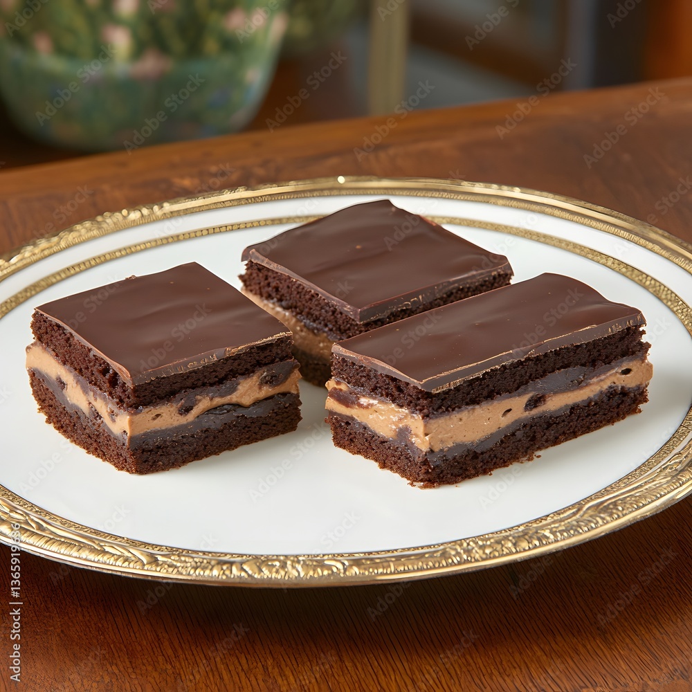 Delicious Chocolate Fudge Layer Cakes on Plate Delicious Chocolate Fudge Layer Cakes on Plate