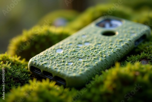 Obraz na płótnie Green moss phone case close-up. A green phone case with mossy texture sits on fresh green moss in a detailed close-up shot. w salonie