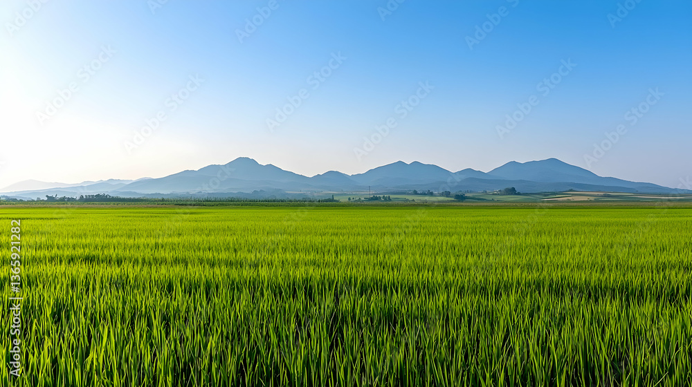 Fototapeta premium Vast Green Field Under Blue Sky With Distant Mountains Illuminated By Sunlight