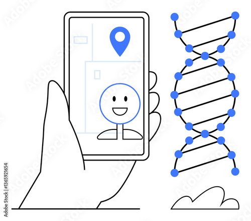 Hand holding smartphone with portrait mode selfie near a DNA strand. Ideal for genetics, biotechnology, digital identity, technology, innovation, data science, healthcare. Flat simple metaphor