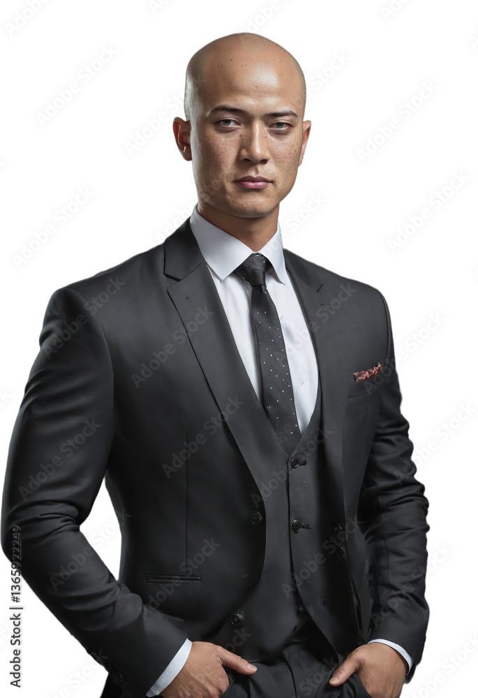 High-quality studio portrait of a bald Indonesian male in professional business attire, featuring precise lighting and a clean backdrop.