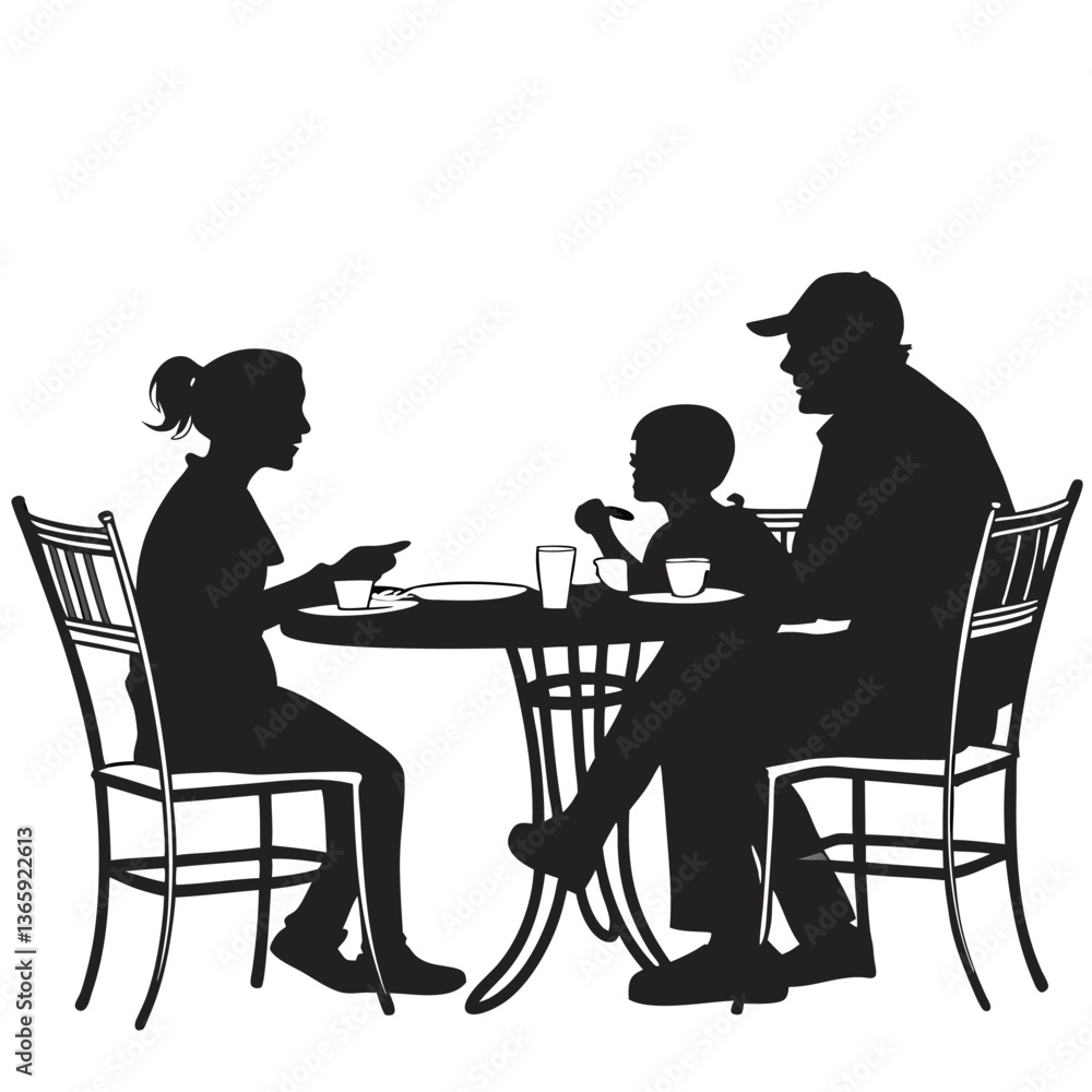 Silhouette of a family enjoying a meal together at a table Silhouette of a family enjoying a meal together at a table