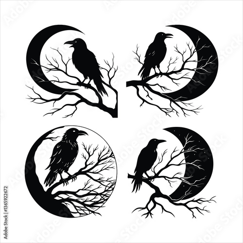 Set of edipse raven bird vector..