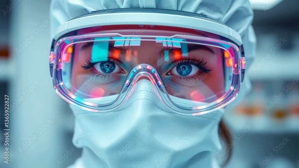 Woman's eyes with AR glasses. Close-up on the eyes of a woman wearing augmented reality glasses with colorful digital display.