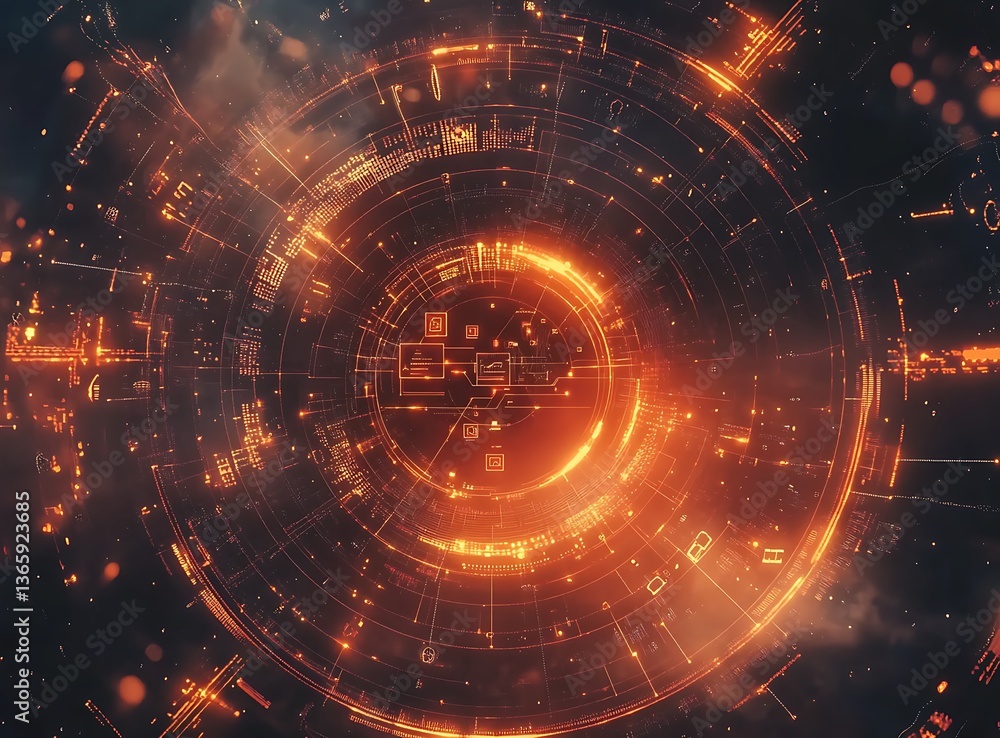 Digital background featuring a cloud-connected network, with glowing elements and icons at the center of a circular shape Digital background featuring a cloud-connected network, with glowing elements and icons at the center of a circular shape