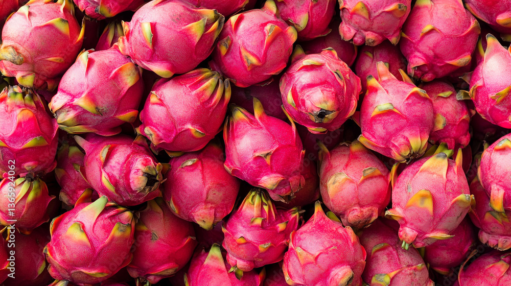 A vibrant pile of dragon fruits symbolizing health and vitality, showcasing their fresh and exotic appeal in a modern, colorful background A vibrant pile of dragon fruits symbolizing health and vitality, showcasing their fresh and exotic appeal in a modern, colorful background