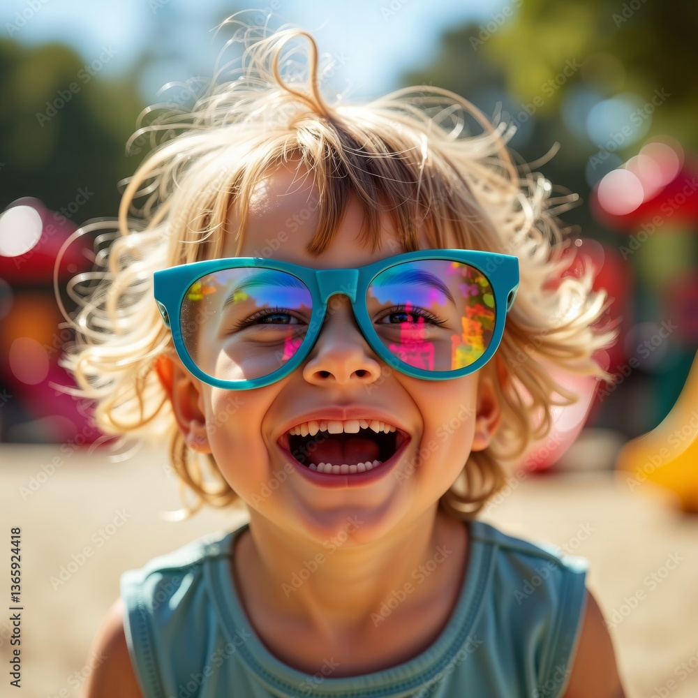 Happy Girl Laughing Outdoors. Joyful young girl laughing and wearing sunglasses in a park setting.