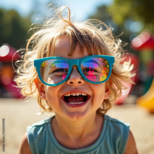 Obraz na płótnie Happy Girl Laughing Outdoors. Joyful young girl laughing and wearing sunglasses in a park setting. w salonie
