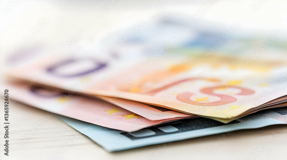 Pile Of Euro Banknotes in Various Colors with Selective Focus on White Surface Pile Of Euro Banknotes in Various Colors with Selective Focus on White Surface
