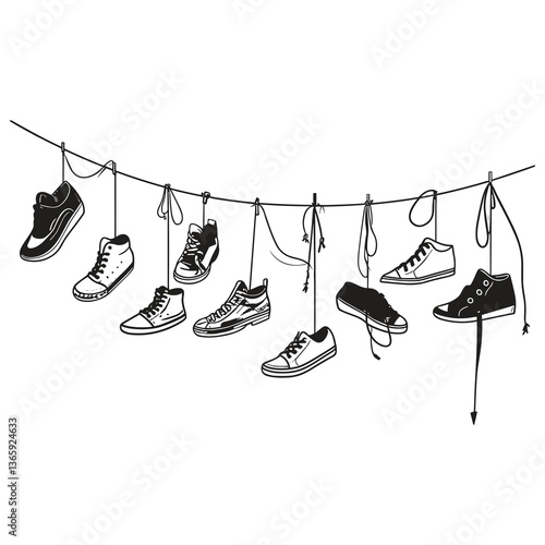 Line of Sneakers Hanging by Laces
